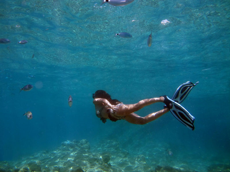 Woman snorkeling underwater above the reef surrounded by tropical fish