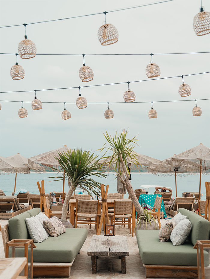 Beachfront dining setup at Bahia Gili Air restaurant in Gili Air