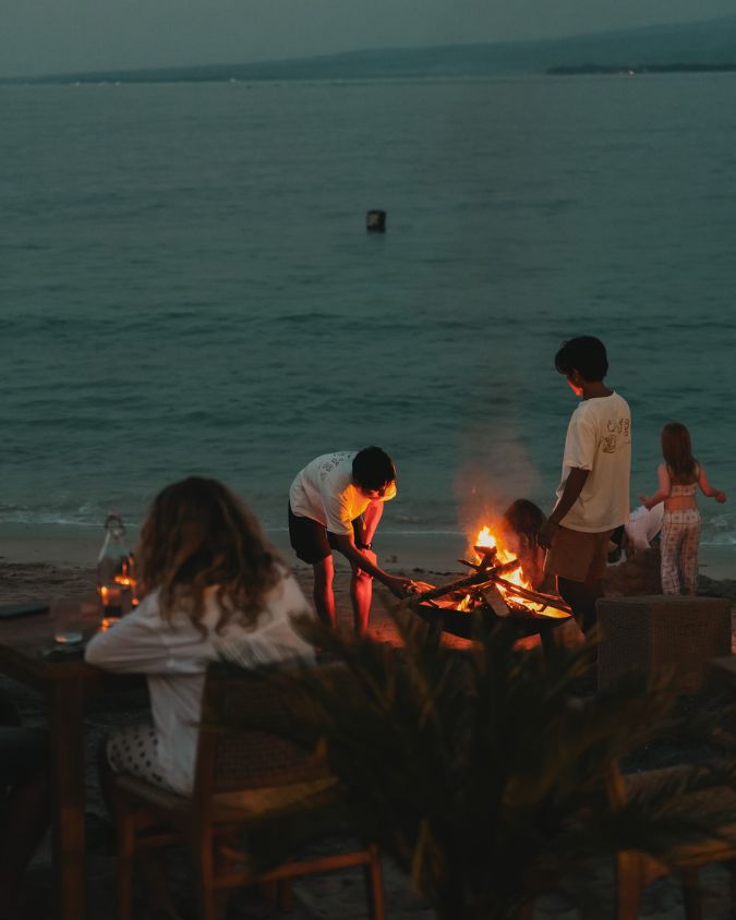 Bonfire on the beach at Bahia Gili Air during blue hour